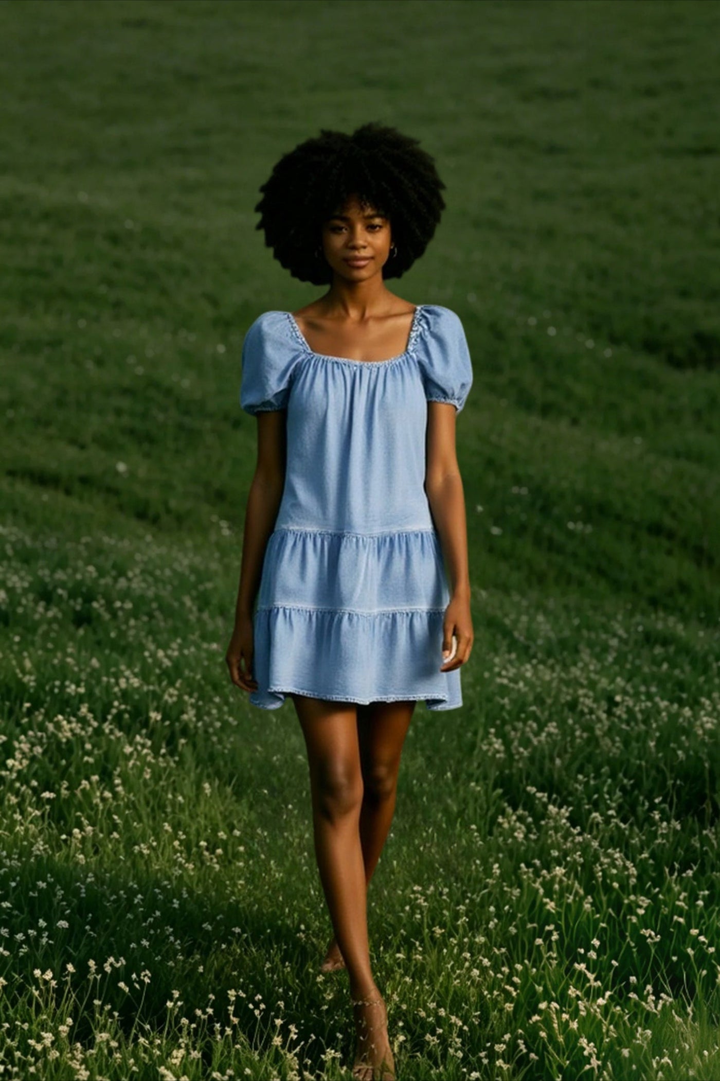 Short Sleeve Tiered Denim Dress