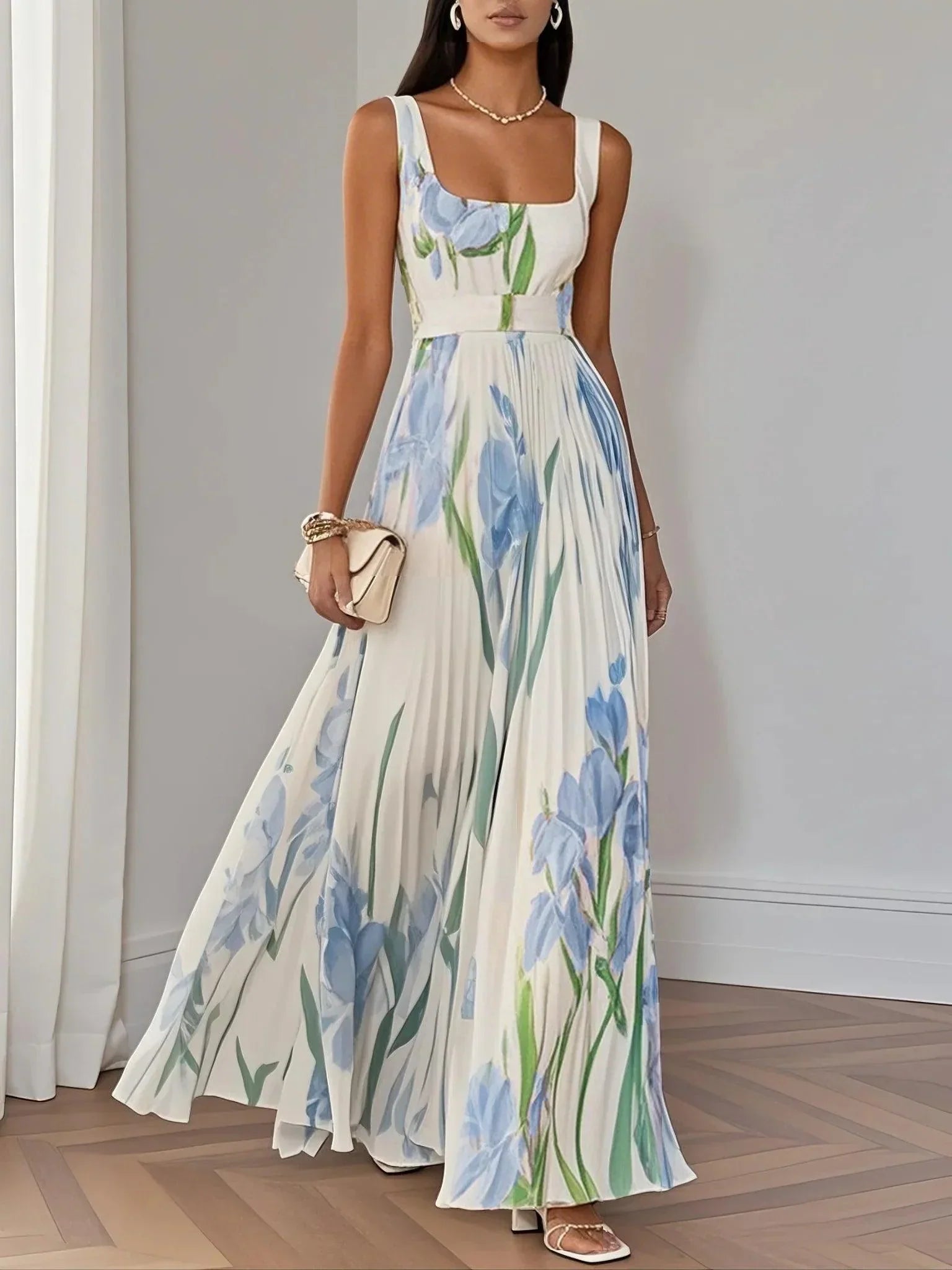 White Pleated Floral Chiffon Square Neck Sleeveless A-Line Maxi Dress Light Blue