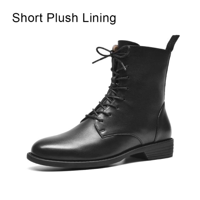 Ankle Boots Women Genuine Cow Leather Waxing Round Toe Lace Up Zip Fashion Motorcycle Female Shoes Handmade