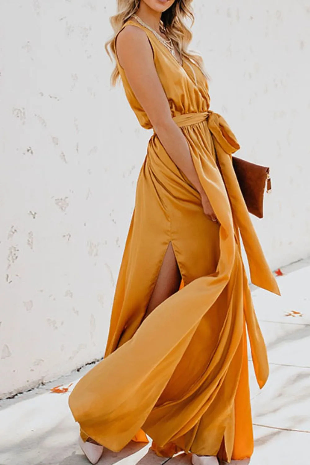 Satin Surplice V-Neck Sleeveless Tie Waist High Split Maxi Dress 7