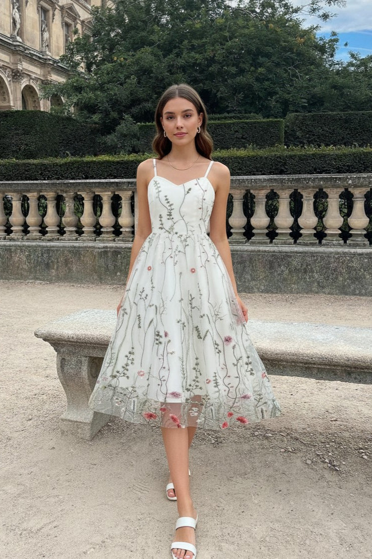 Floral Embroidered Tulle Sweetheart Spaghetti Strap Fit and Flare Midi Dress