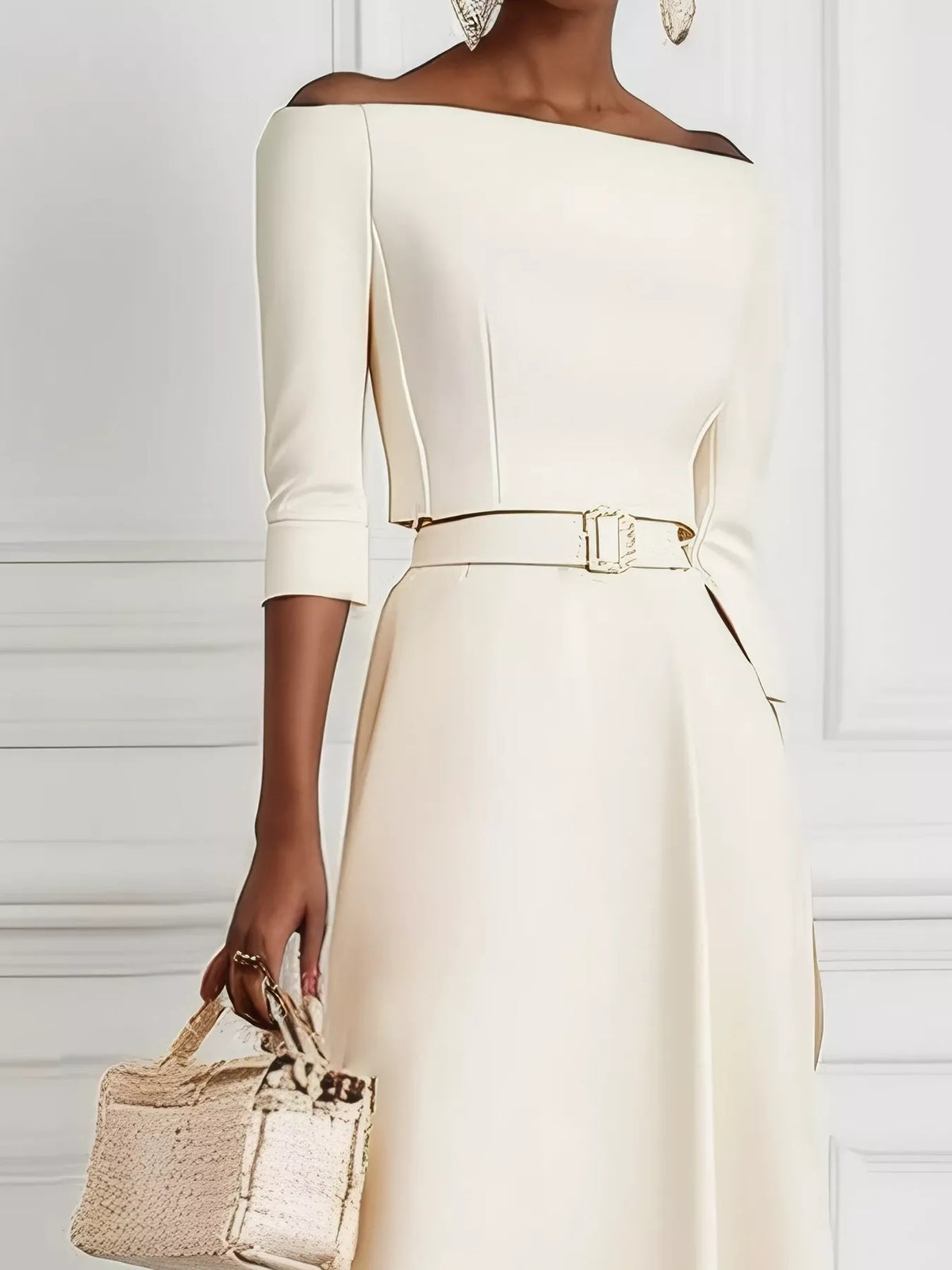 Off Shoulder Half Sleeve Belted A-Line Maxi Dress 3