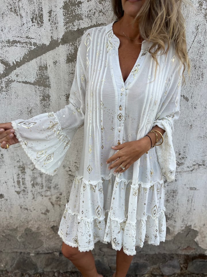 V-Neck Mandarin Collar Button Front Tiered Ruffle Lace Trim Mini Dress