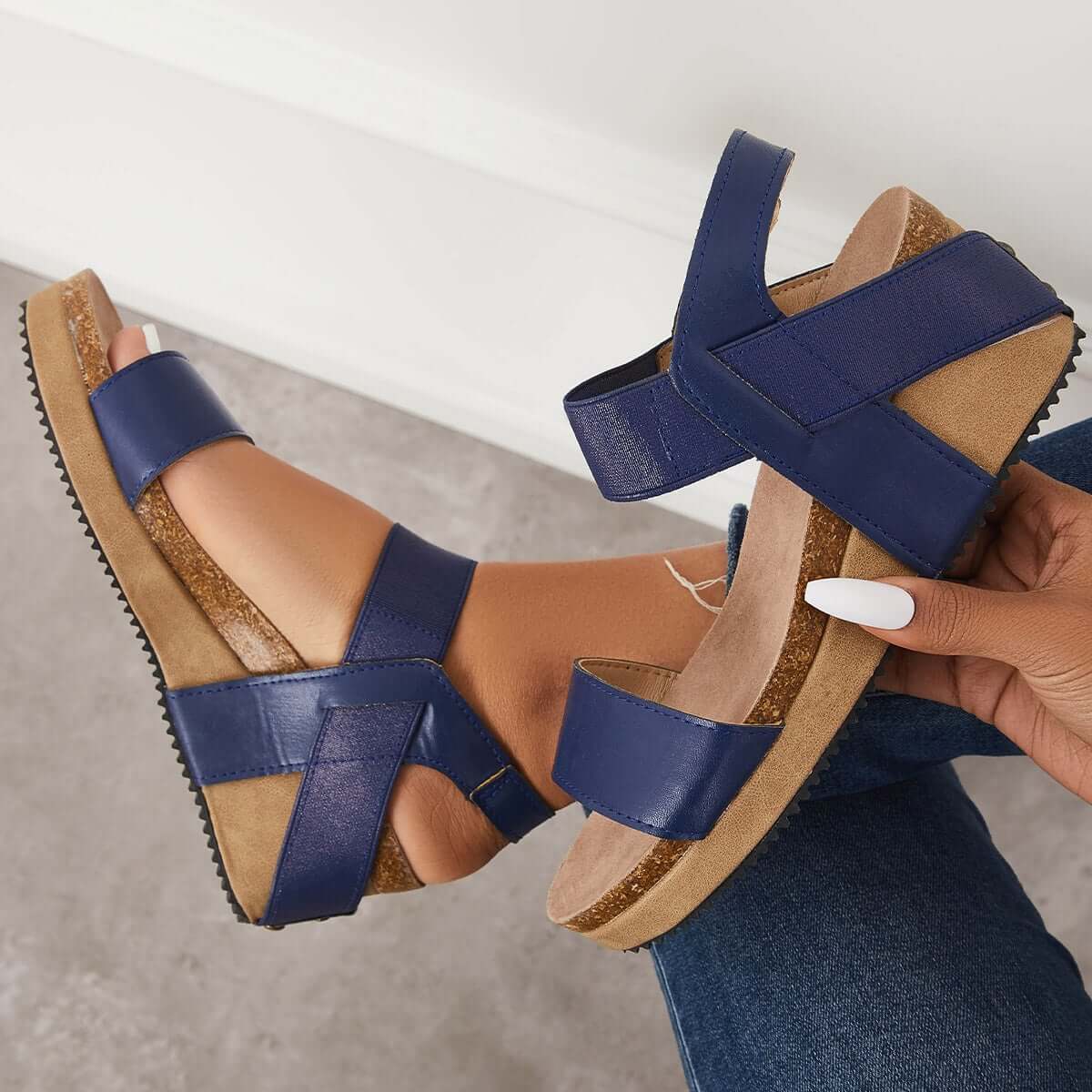 Open Toe Cork Footbed Platform Wedges Ankle Strap Sandals