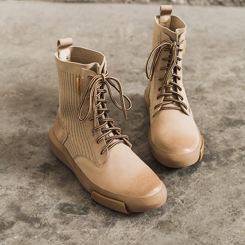 Matte Leather Combat Boots Lace Up Boots Short Plush Lined Or Leather For Choice Brown/Black /Beige