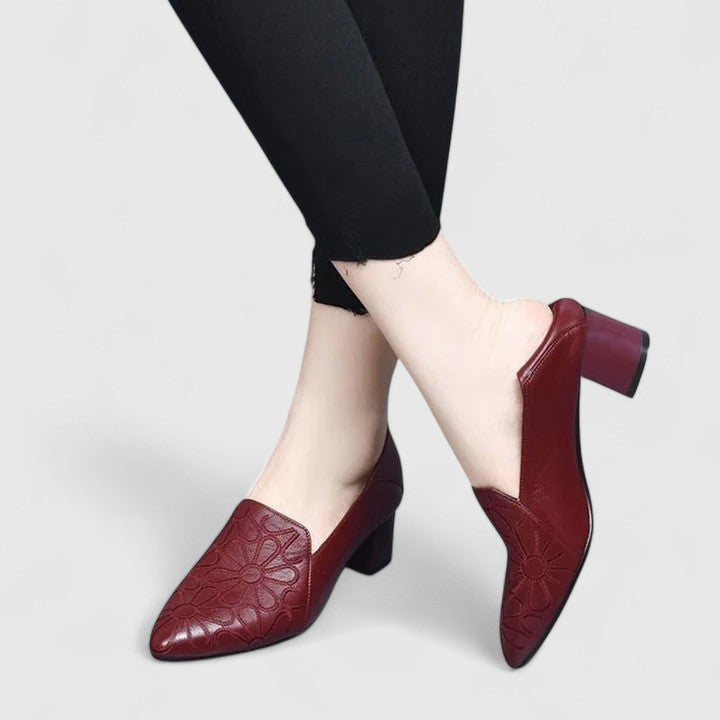 Pointed Toe Floral Embossed Block Heel Loafers