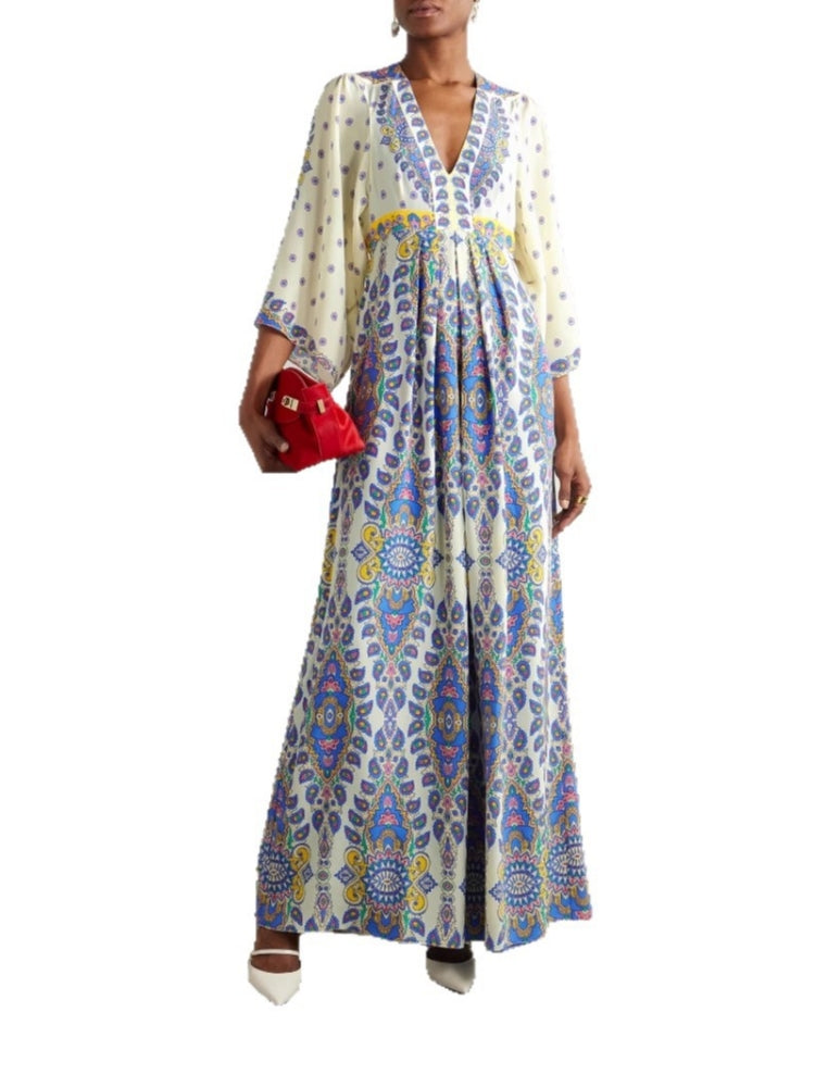 Casual Loose Printed V Neck Maxi Dress