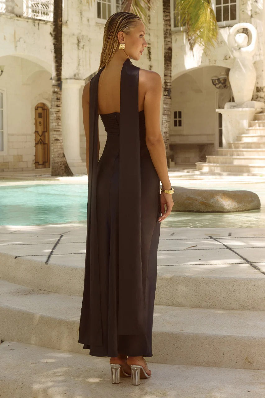 Satin Strapless Ruched Draped Slim Maxi Prom Dress