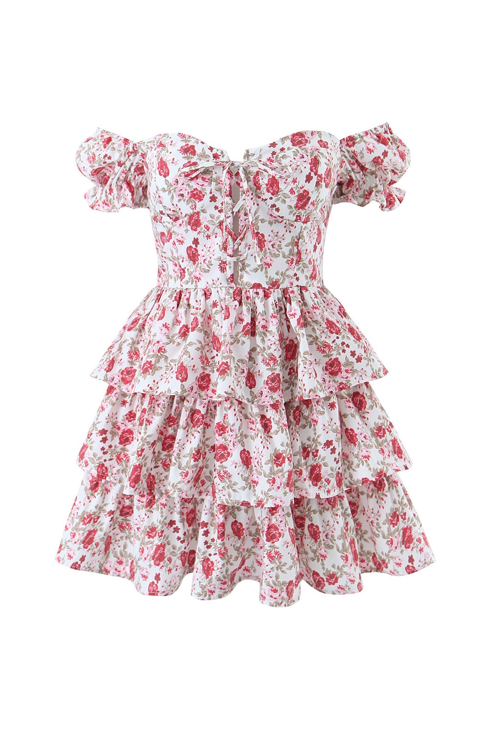 Floral Off Shoulder Sweetheart Bustier Tiered Ruffle Mini Dress
