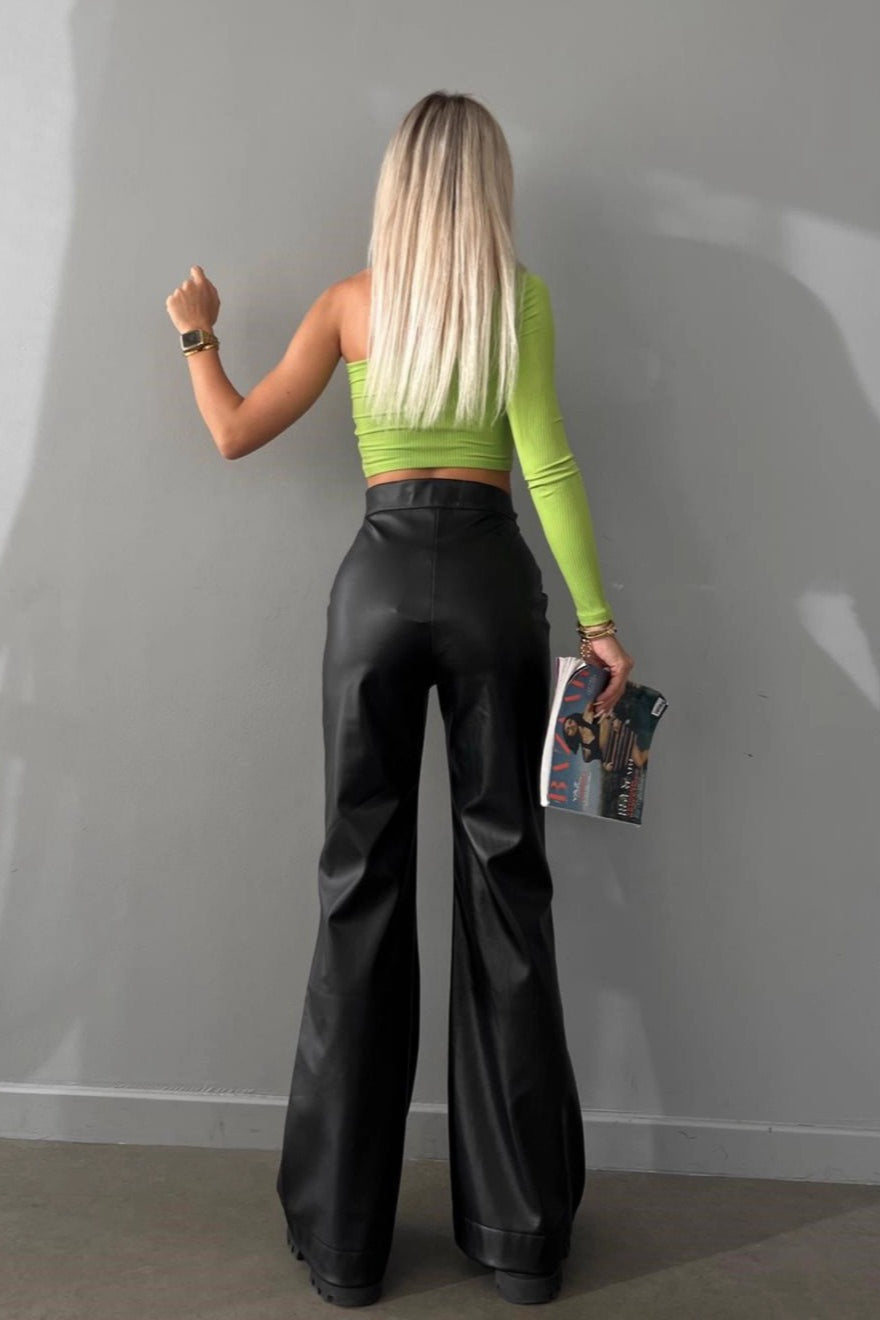High Waist Flared Leather Casual Pants