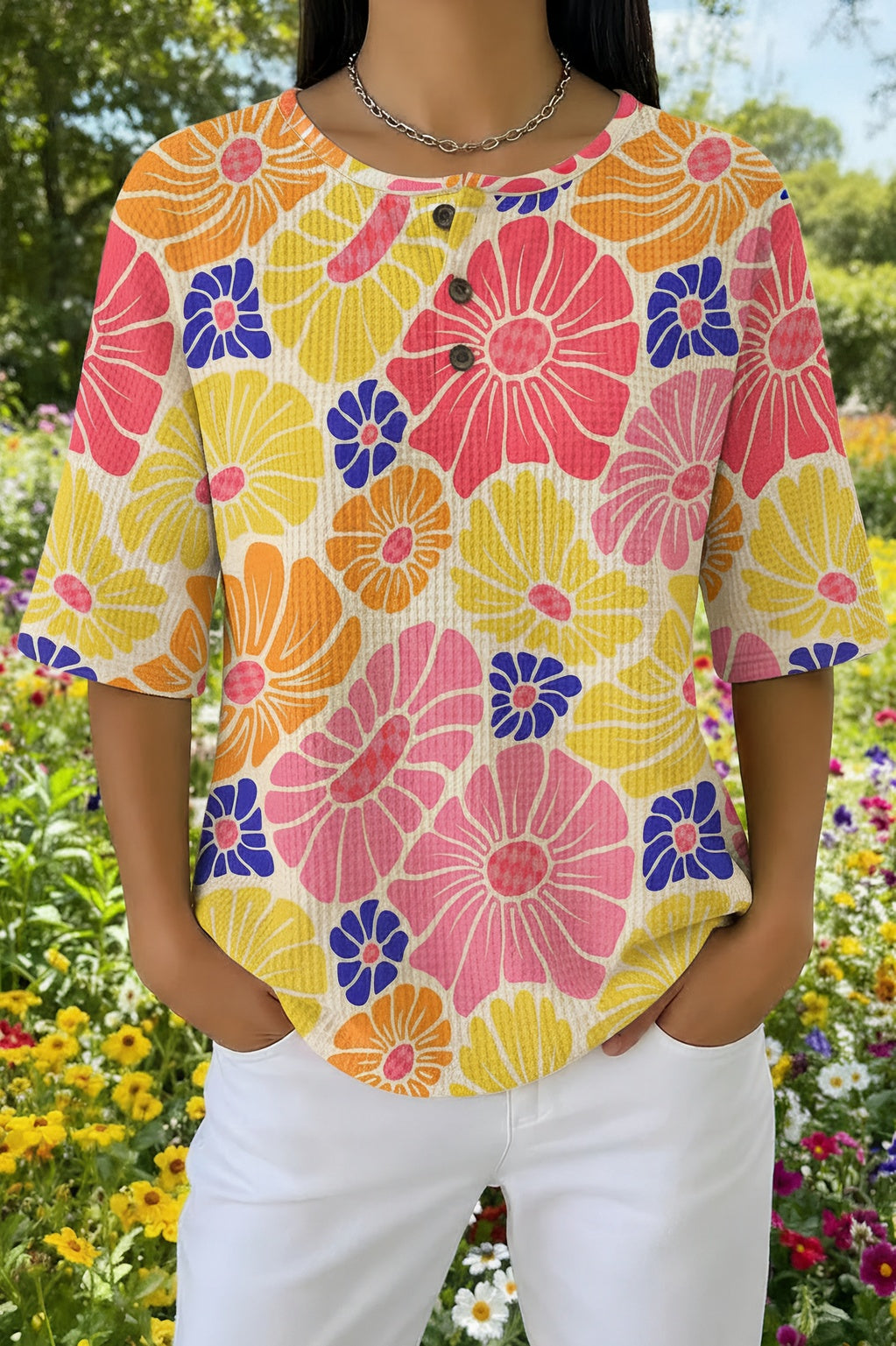 Womens Pink Multi-Color Floral Print Casual Shirt