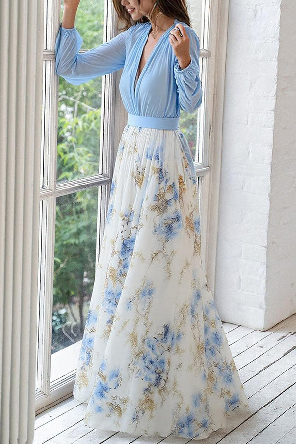 Floral Chiffon Deep V-Neck Bishop Sleeve Maxi Dress
