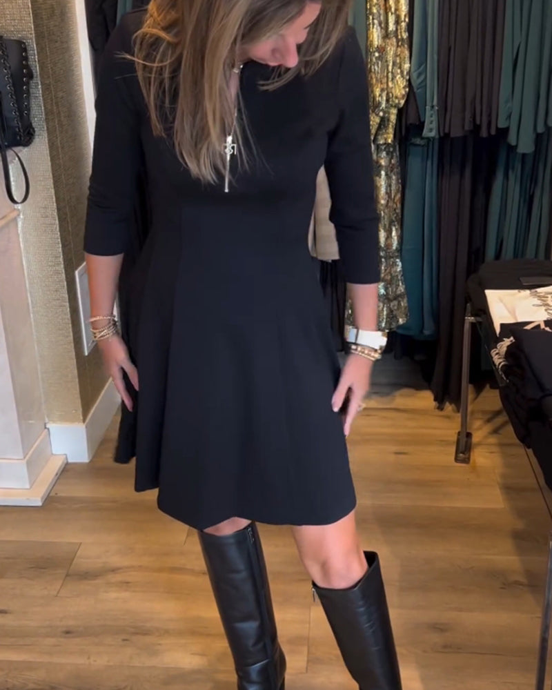 Round Neck Exposed Zip Front Three Quarter Sleeve A-Line Mini Dress