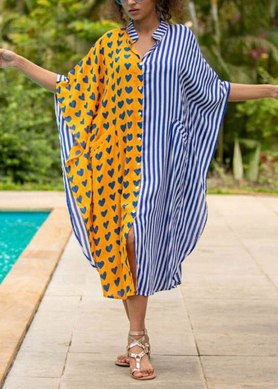 Split Print Button Down Kaftan Sleeve Midi Shirt Dress