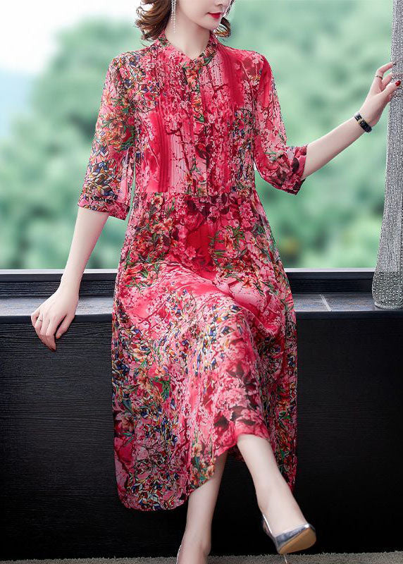 Floral Print Mandarin Collar Pintuck Pleated Three Quarter Sleeve A-Line Midi Dress