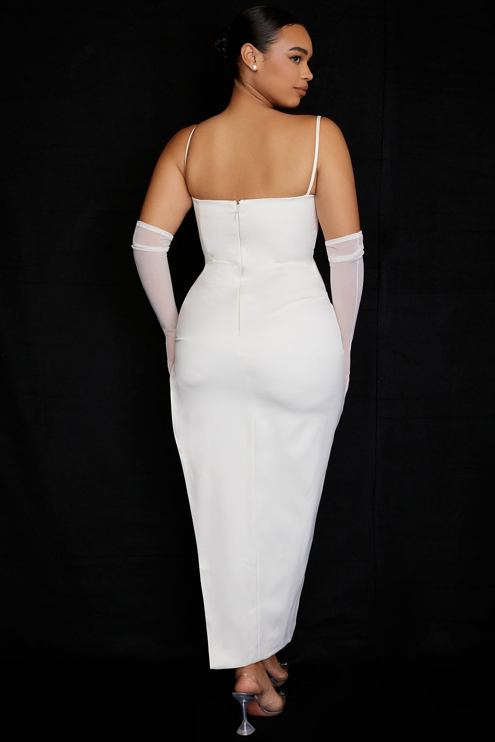 Satin Ruched Bust Spaghetti Strap High Split Midi Dress 7