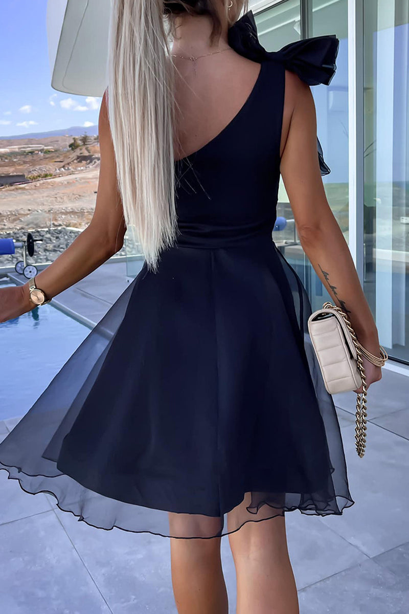 One Shoulder Bow Detail Sheer Layered Ruffle Hem Fit and Flare Mini Dress