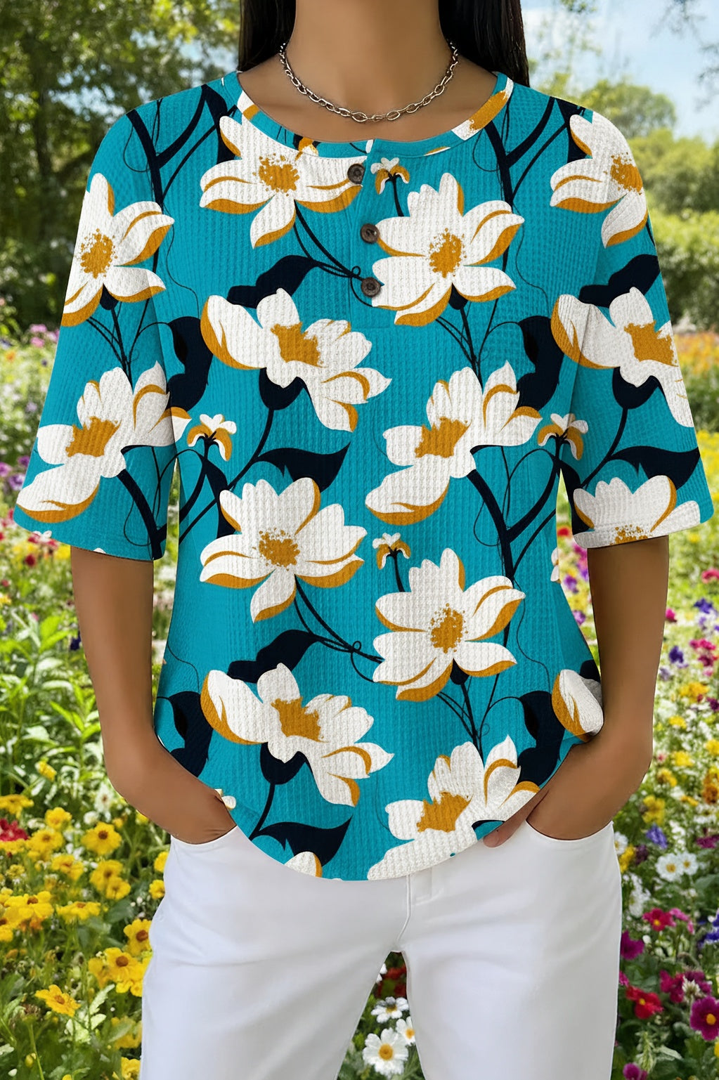 Womens Teal Floral Print Casual Shirt