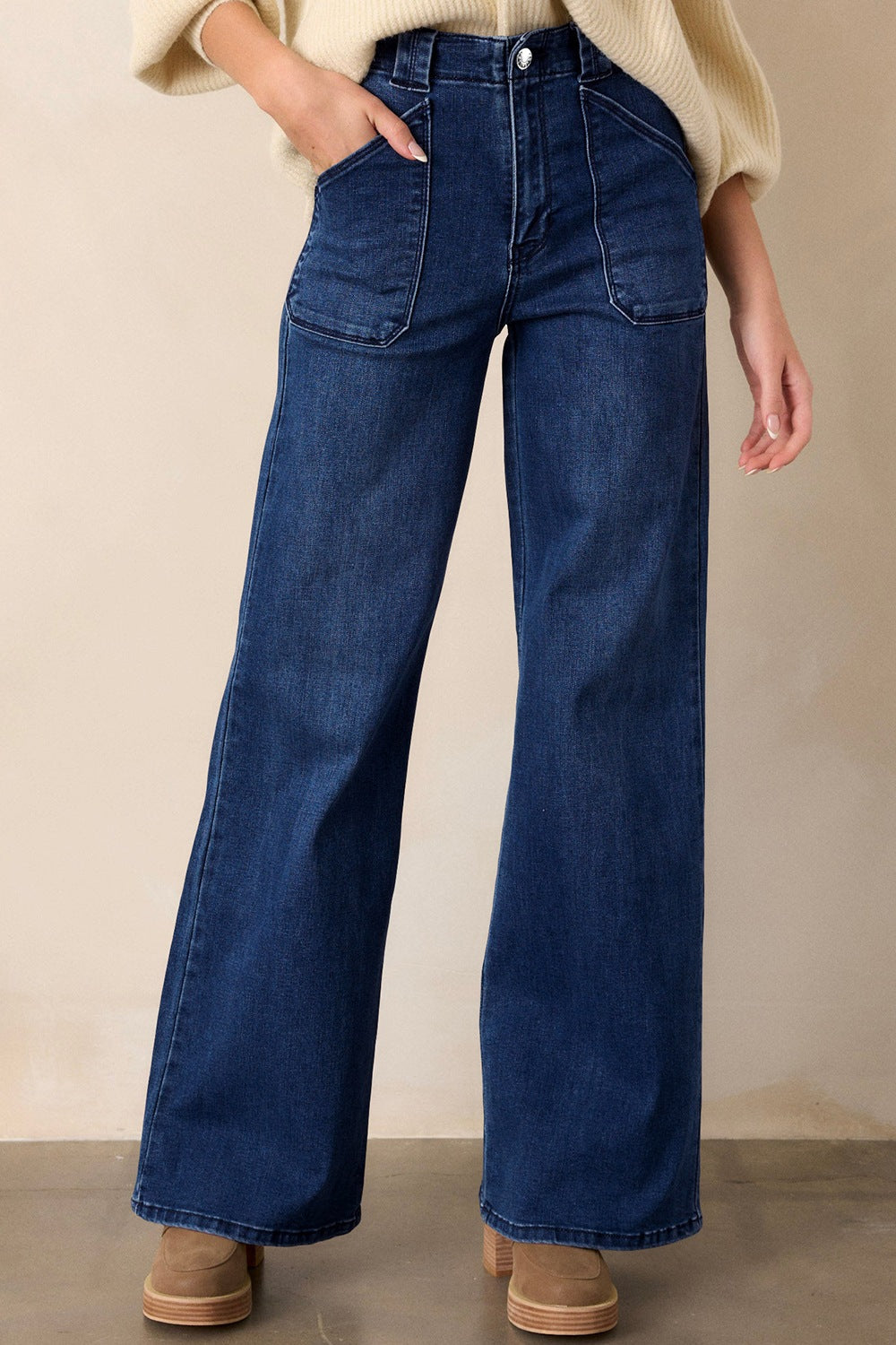 High Waist Front Patch Pocket Wide Leg Trouser Jeans 2