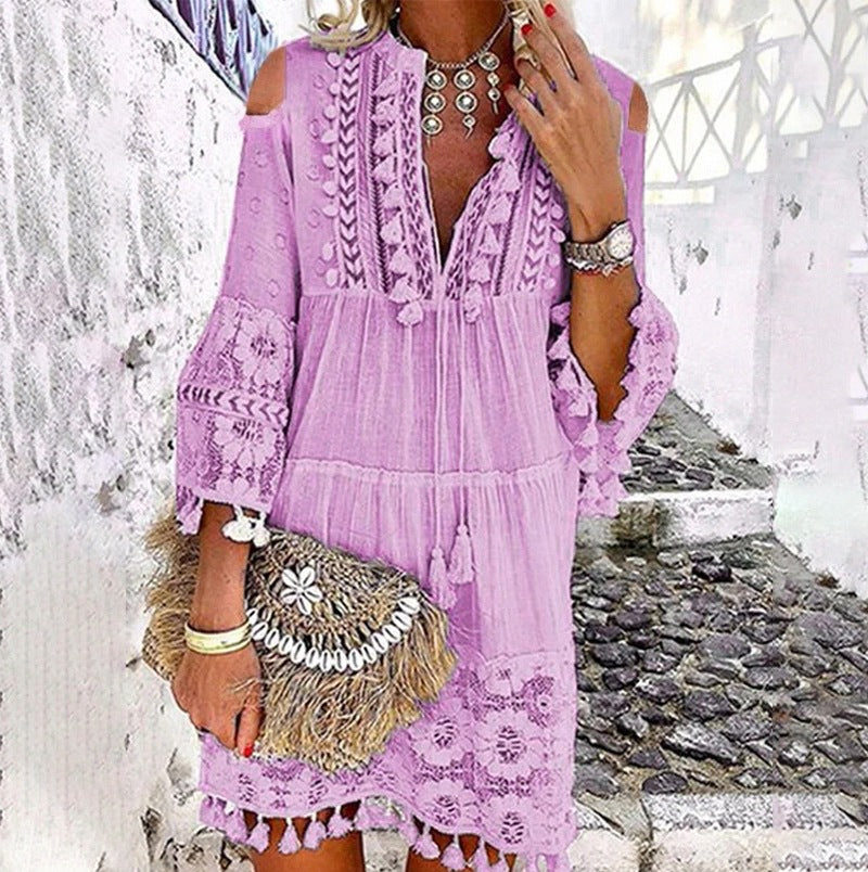 Deep V-Neck Tassel Trim Lace Insert Bell Sleeve Tiered Drawstring Dress