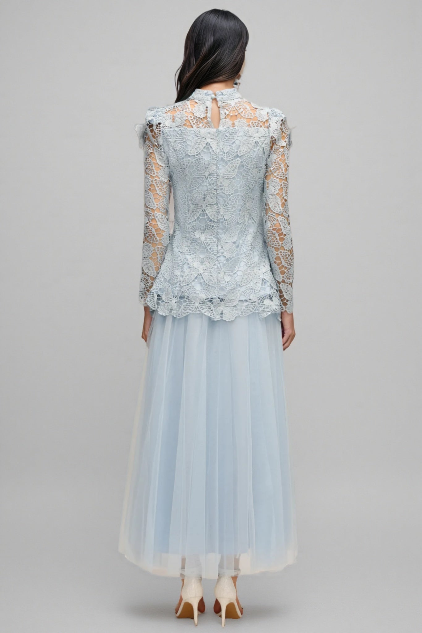 Butterfly Lace Long Sleeve Mock Neck Button Peplum Top Tulle Skirt Two Piece Set