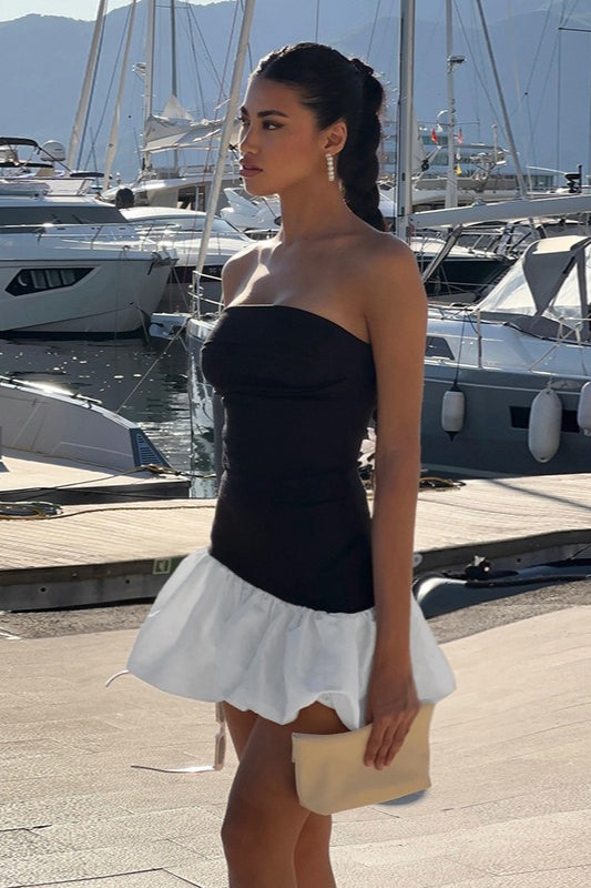 Strapless Bubble Hem Contrast Peplum Fit and Flare Mini Party Dress