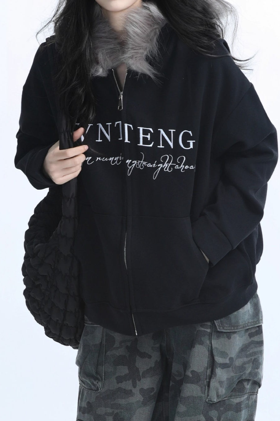 Fur Collar Oversized Zip Hoodie