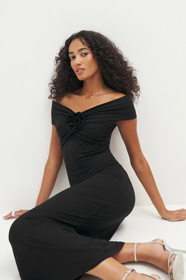 Off Shoulder Ruched Rosette Knit Bodycon Cocktail Dress