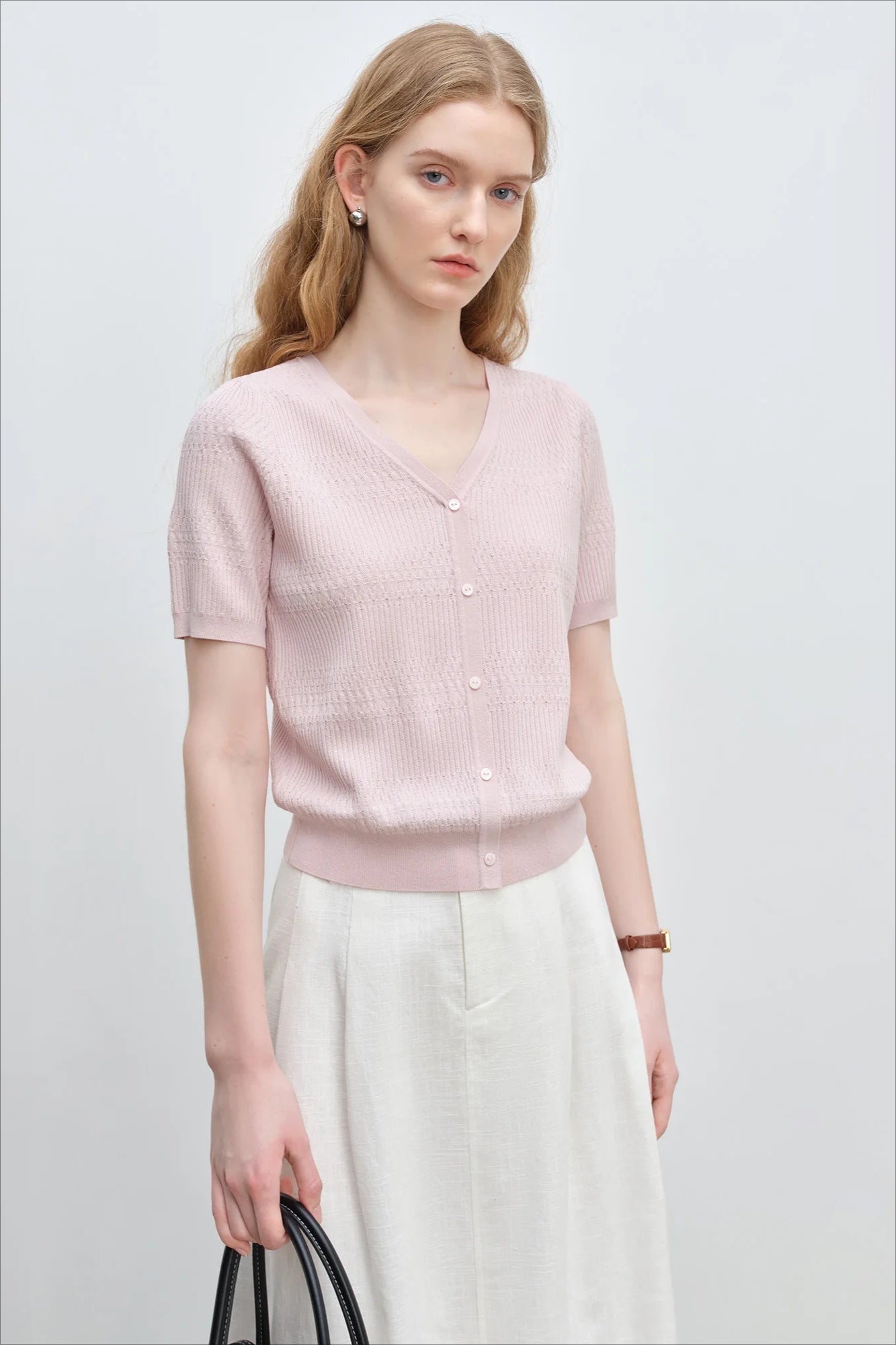 French Knit V-Neck Short Sleeve Cardigan