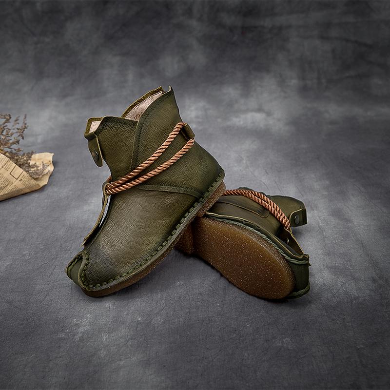 National Style Leather Short Boots For Women Rope Decoration Green/Brown