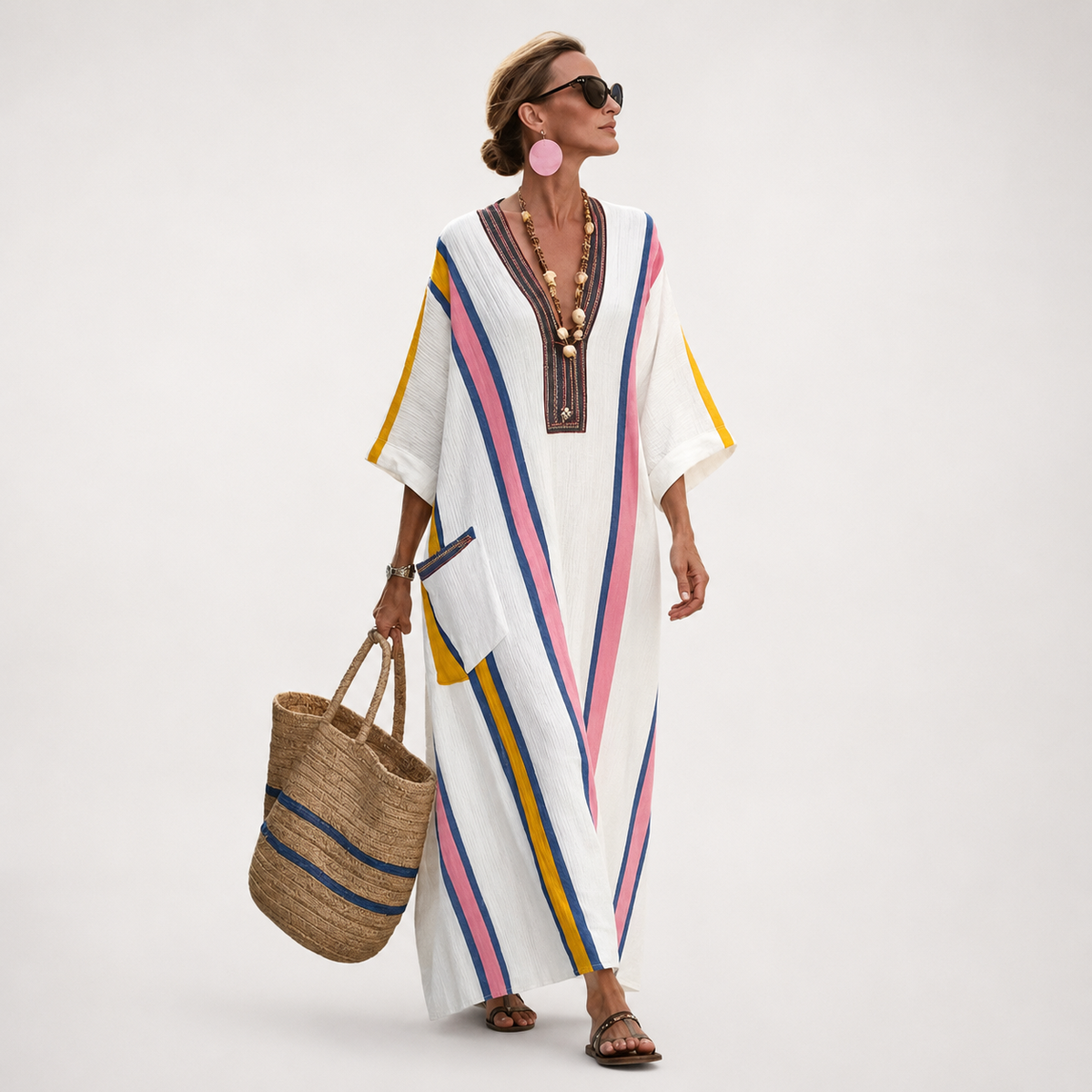 Striped V-Neck Embroidered Trim Kaftan Maxi Dress