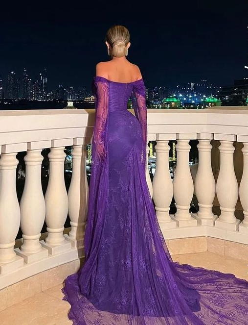 Classy Purple Lace Mermaid Evening Dress Long Party Prom Dress cc1746