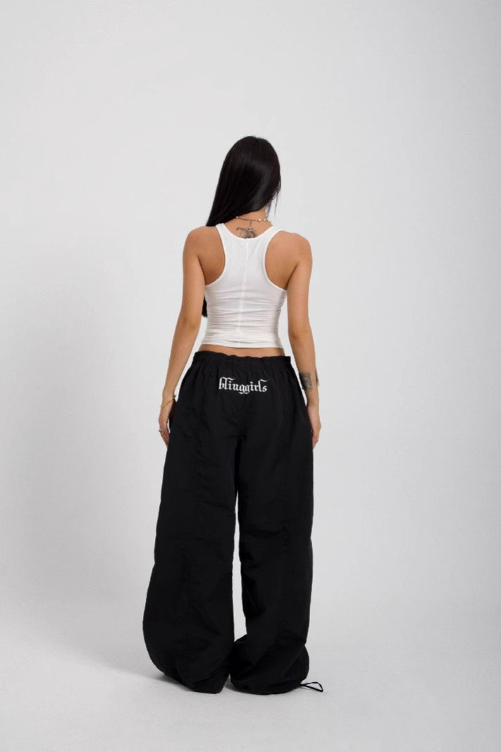 Low Rise Drawstring Hem Baggy Wide Leg Parachute Pants 2