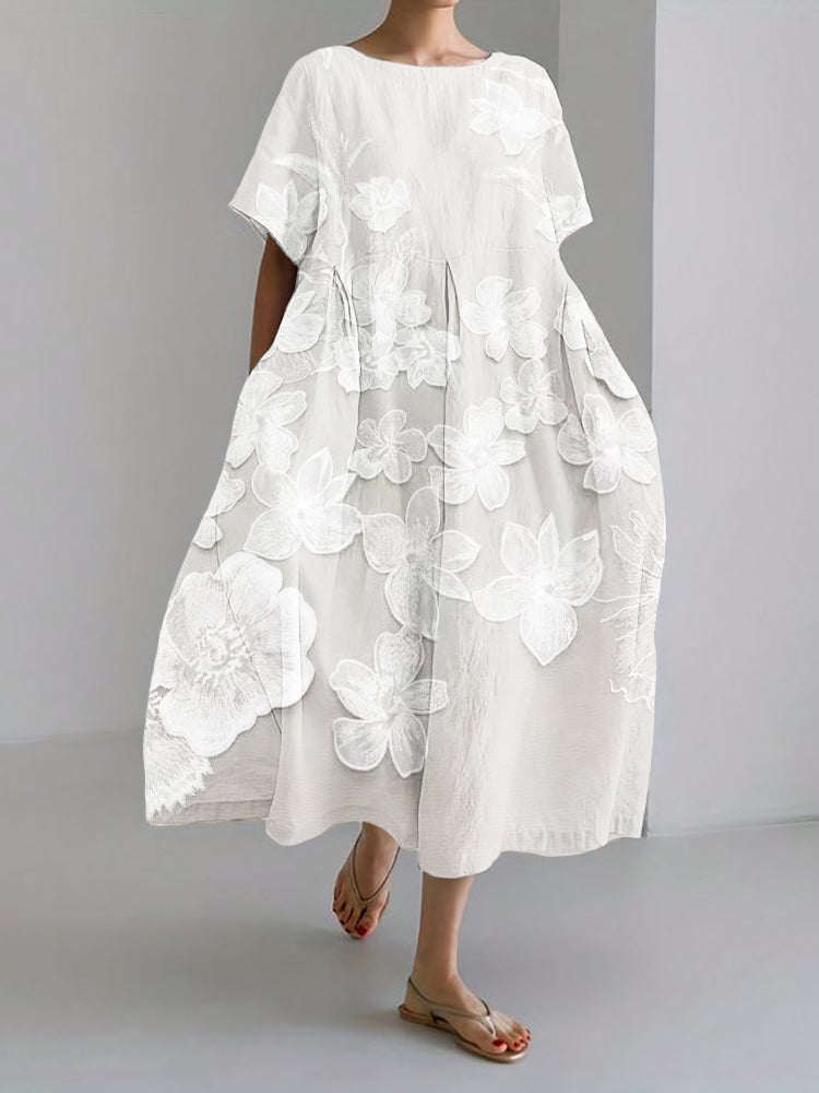 Floral Embroidered Round Neck Short Sleeve Linen Look Midi Dress