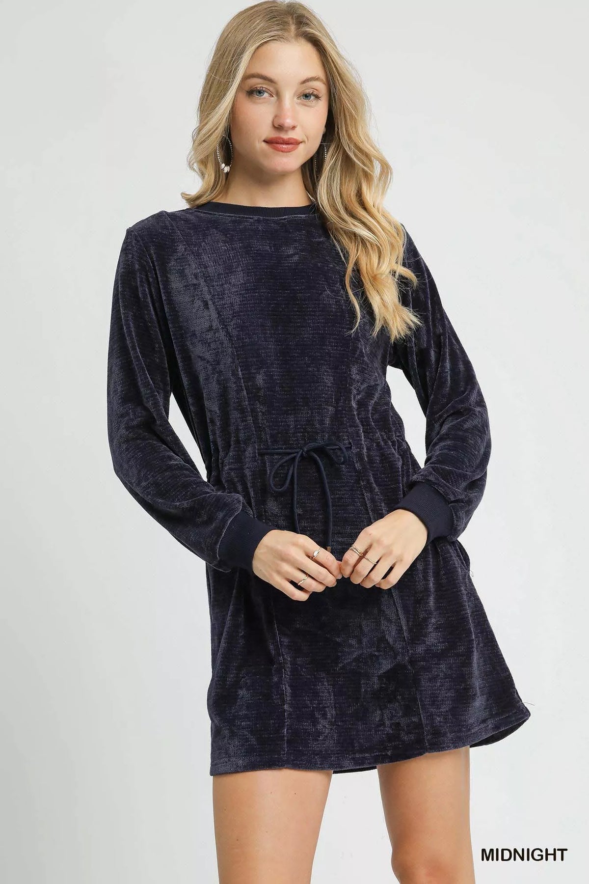 Velvet Crew Neck Long Sleeve Drawstring Waist Mini Dress