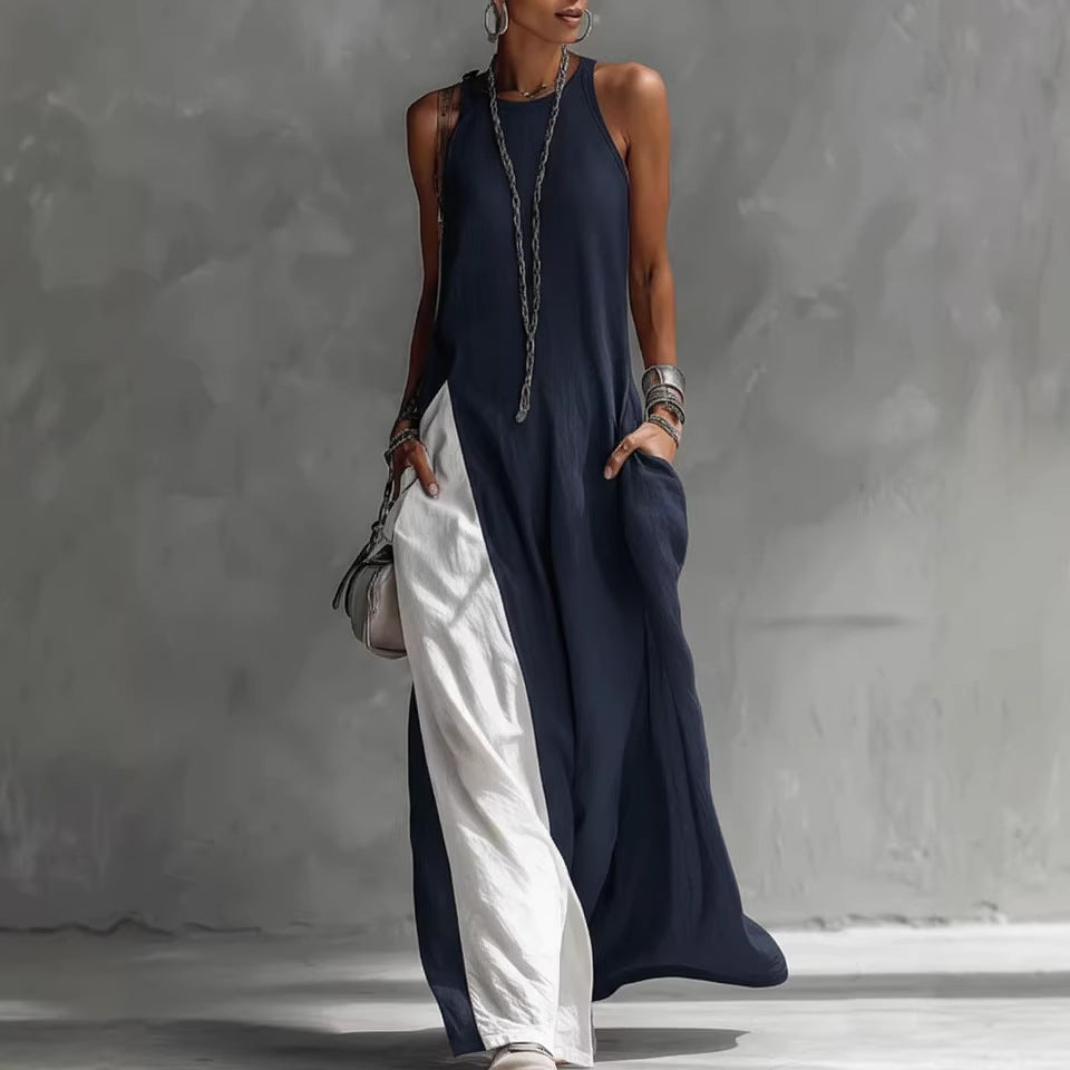 Sleeveless Crew Neck Color Block Panel Maxi Dress