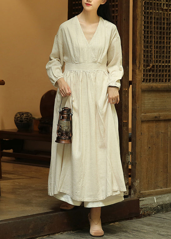 Linen V-Neck Wrap Long Sleeve Relaxed Maxi Dress