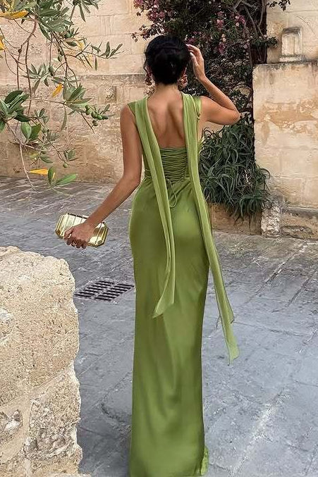 Satin Square Neck Ruched Slim Fit Maxi Prom Dress