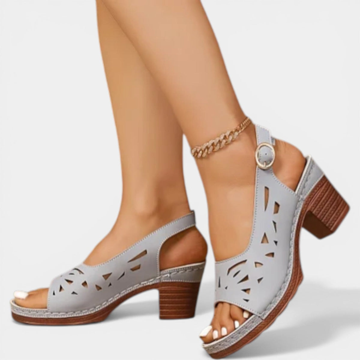 Peep Toe Laser Cut Slingback Block Heel Sandals