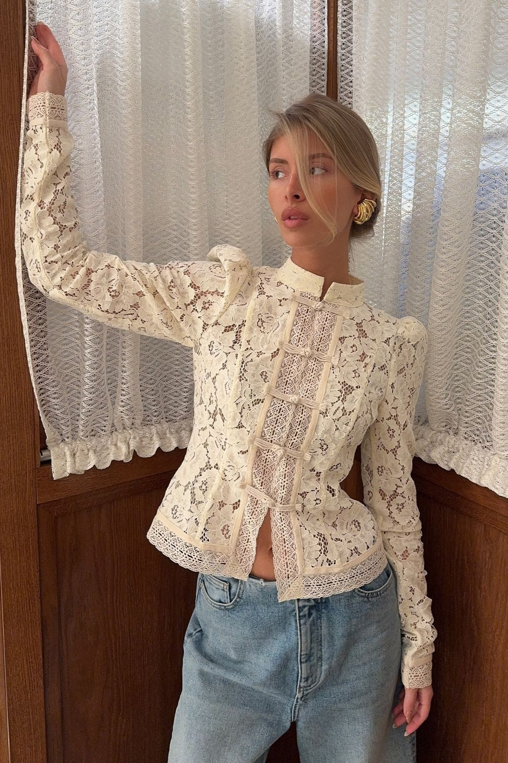 Lace Mock Neck Puff Shoulder Long Sleeve Button Front Blouse 2