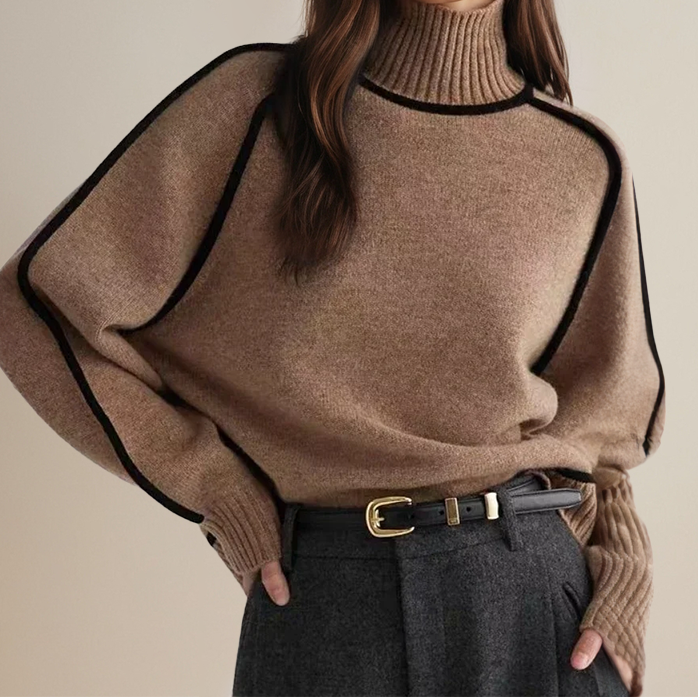 Turtleneck Contrast Trim Long Sleeve Sweater