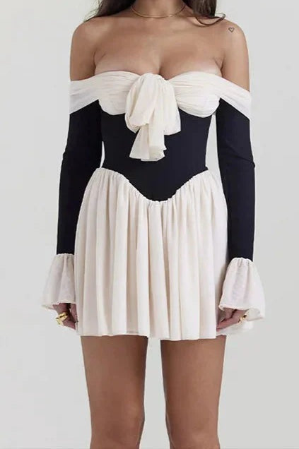 Off Shoulder Tie Front Bell Sleeve Corset Fit and Flare Mini Dress