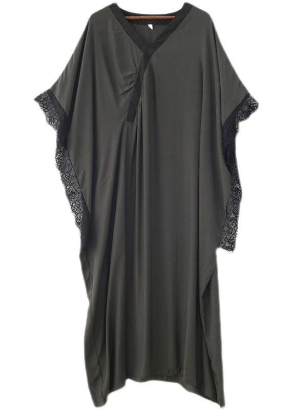 Deep V-Neck Wrap Overlay Batwing Sleeve Lace Trim Pocket Kaftan Maxi Dress
