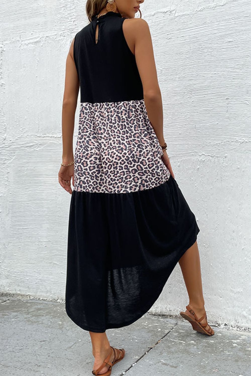 Leopard Print Colorblock Mock Neck Sleeveless High Low Midi Dress 3