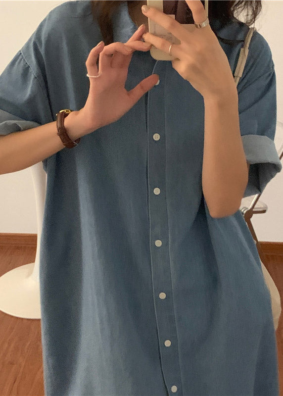 Denim Button Down Shirt Collar Short Sleeve Rolled Cuff Side Slit Midi Shirt Dress