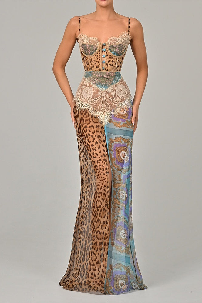 Leopard Scarf Print Lace Trim Bustier Spaghetti Strap Maxi Dress