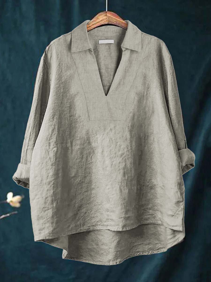 Collared V-Neck Long Sleeve Linen Look Popover Top