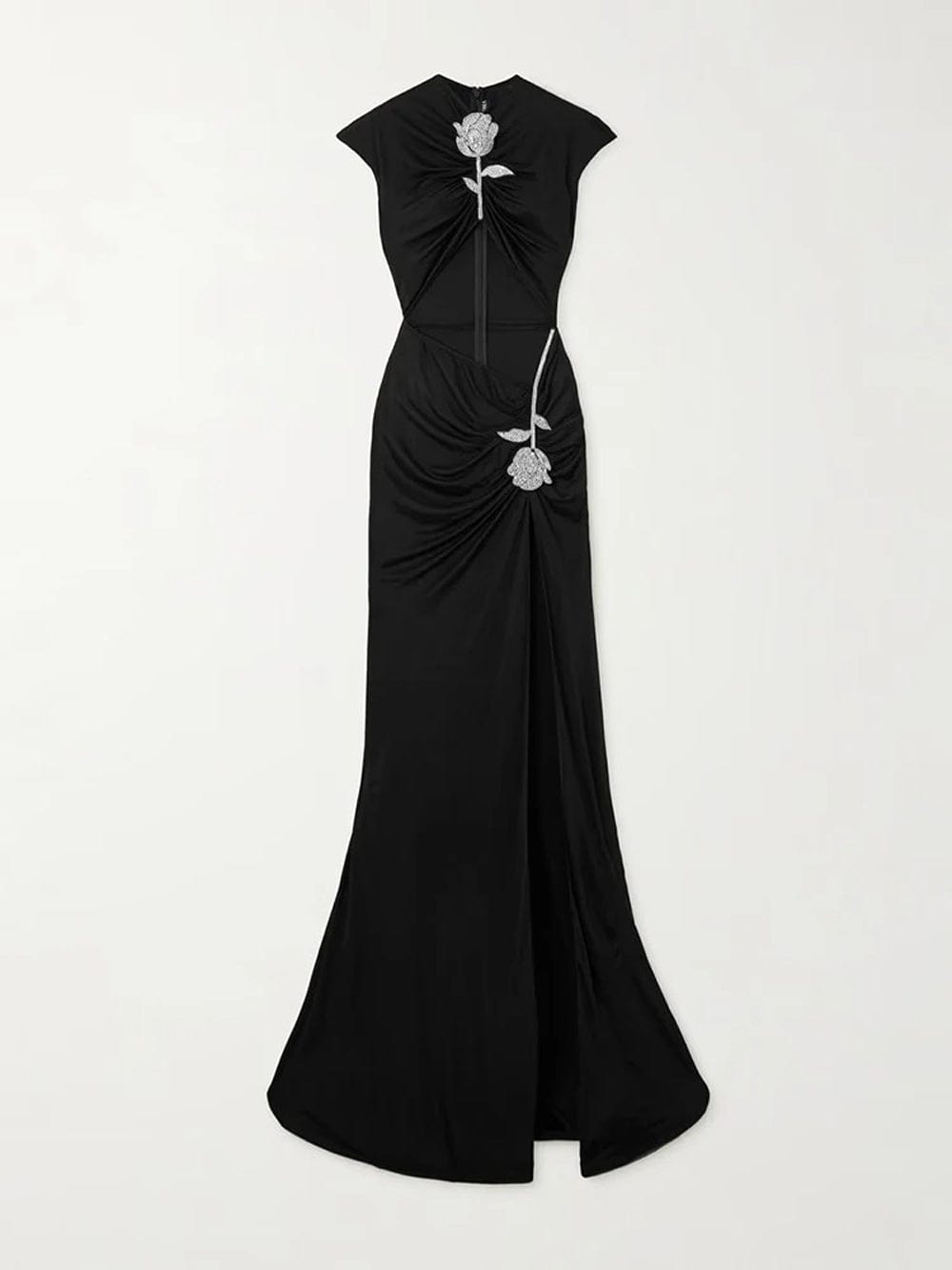 Rhinestone Rose Applique Sleeveless Cut Out High Split Ruched Maxi Gown