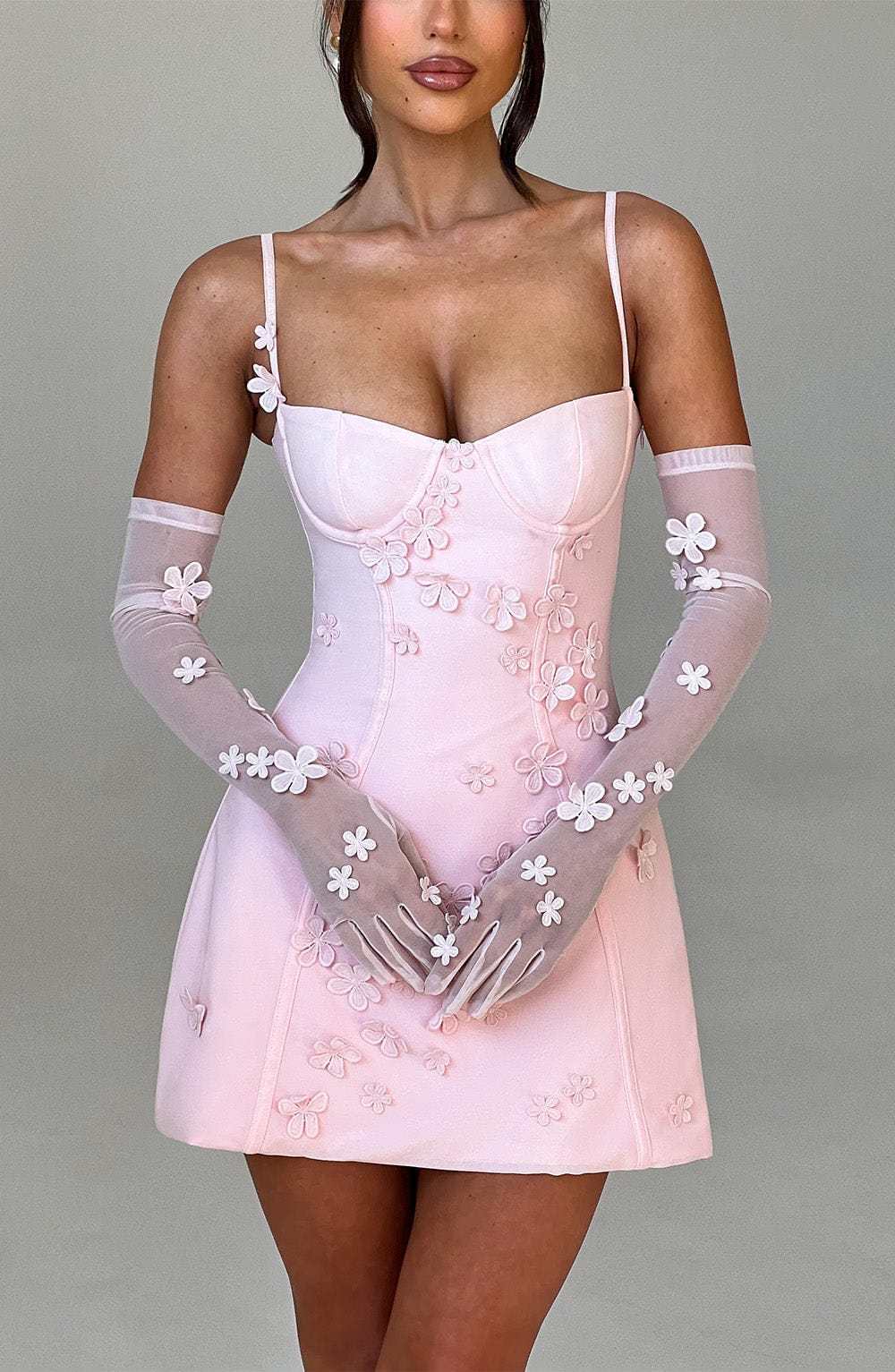 3D Floral Applique Bustier Cami Mini Dress with Mesh Gloves 3