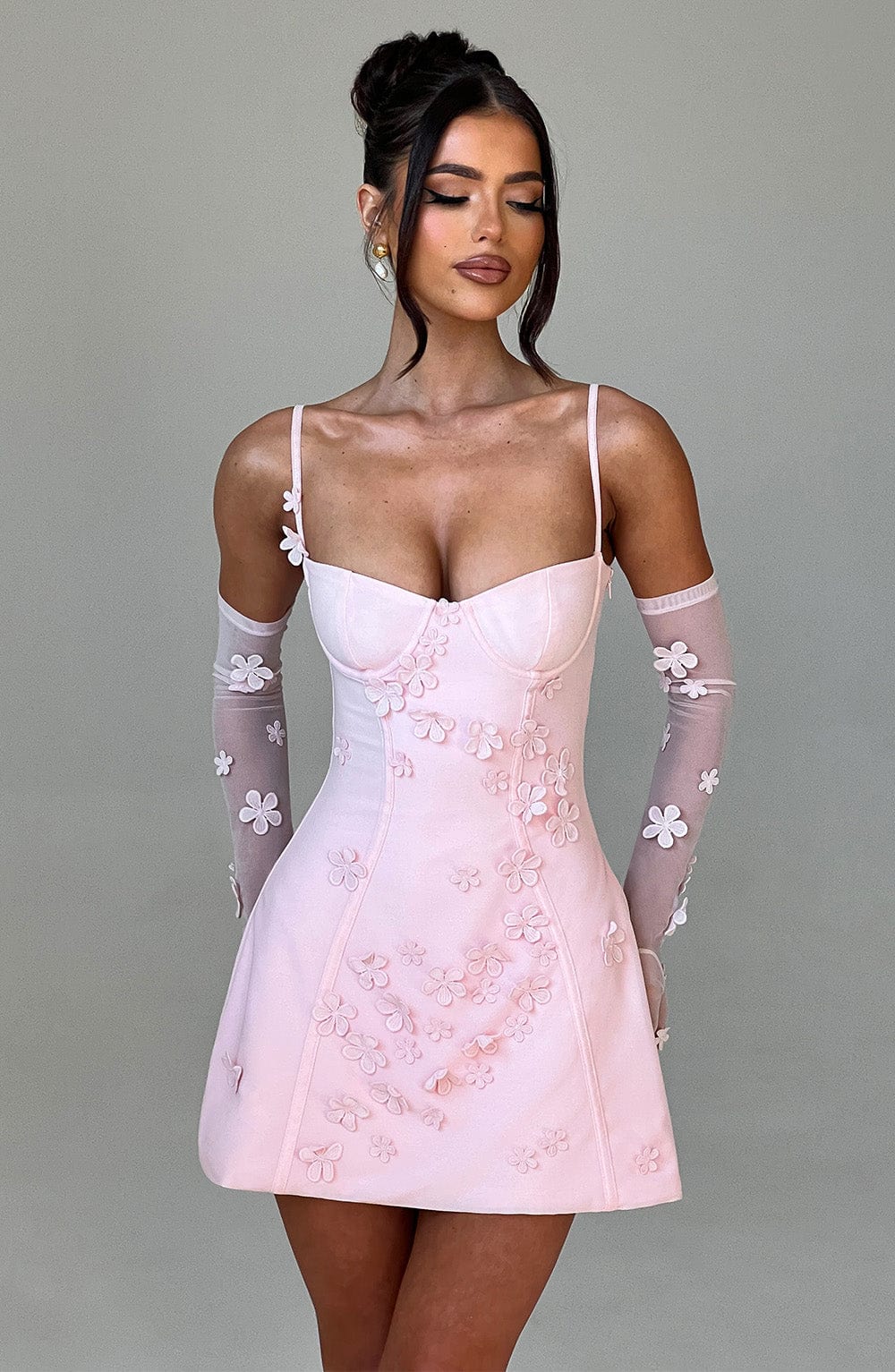 3D Floral Applique Bustier Cami Mini Dress with Mesh Gloves 5